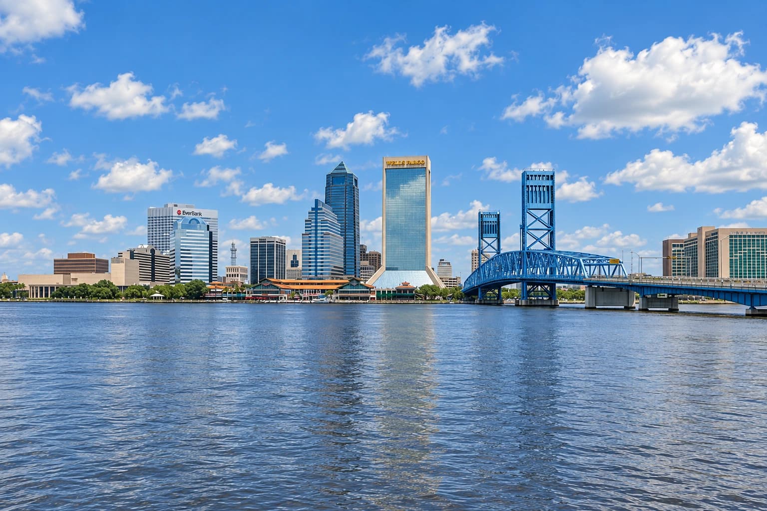 Location context photograph of the Jacksonville, Florida skyline across the St. Johns River